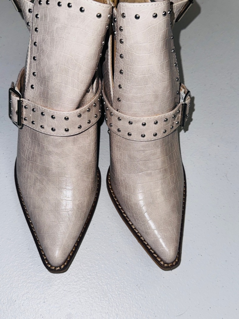 Studded Croc-Embossed Pointed Ankle Boots in Light Taupe